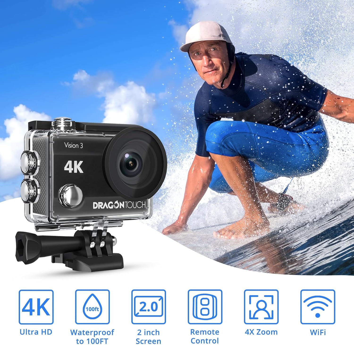 Dragon Touch 4K Action Camera 20MP Vision 3 Underwater Waterproof Camera 170° Wide Angle WiFi Sports Cam with Remote and Mounting Accessories Kit - Image 2