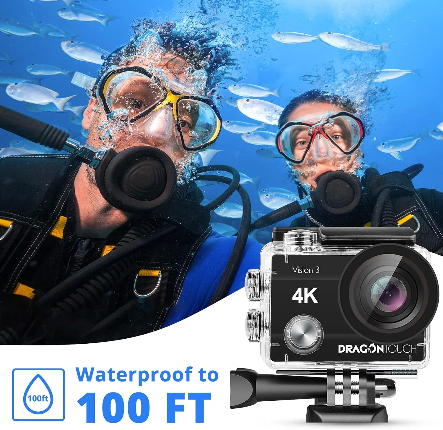 Dragon Touch 4K Action Camera 20MP Vision 3 Underwater Waterproof Camera 170° Wide Angle WiFi Sports Cam with Remote and Mounting Accessories Kit - Image 3