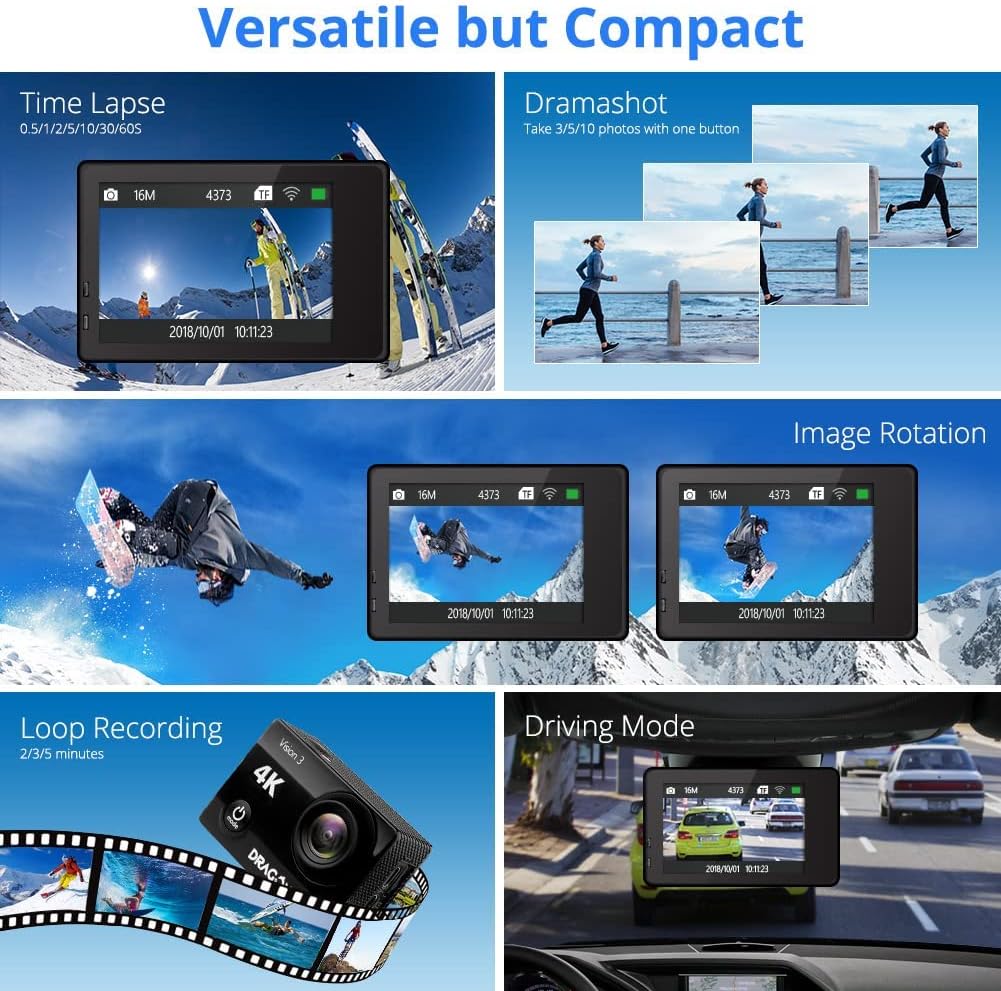 Dragon Touch 4K Action Camera 20MP Vision 3 Underwater Waterproof Camera 170° Wide Angle WiFi Sports Cam with Remote and Mounting Accessories Kit - Image 5