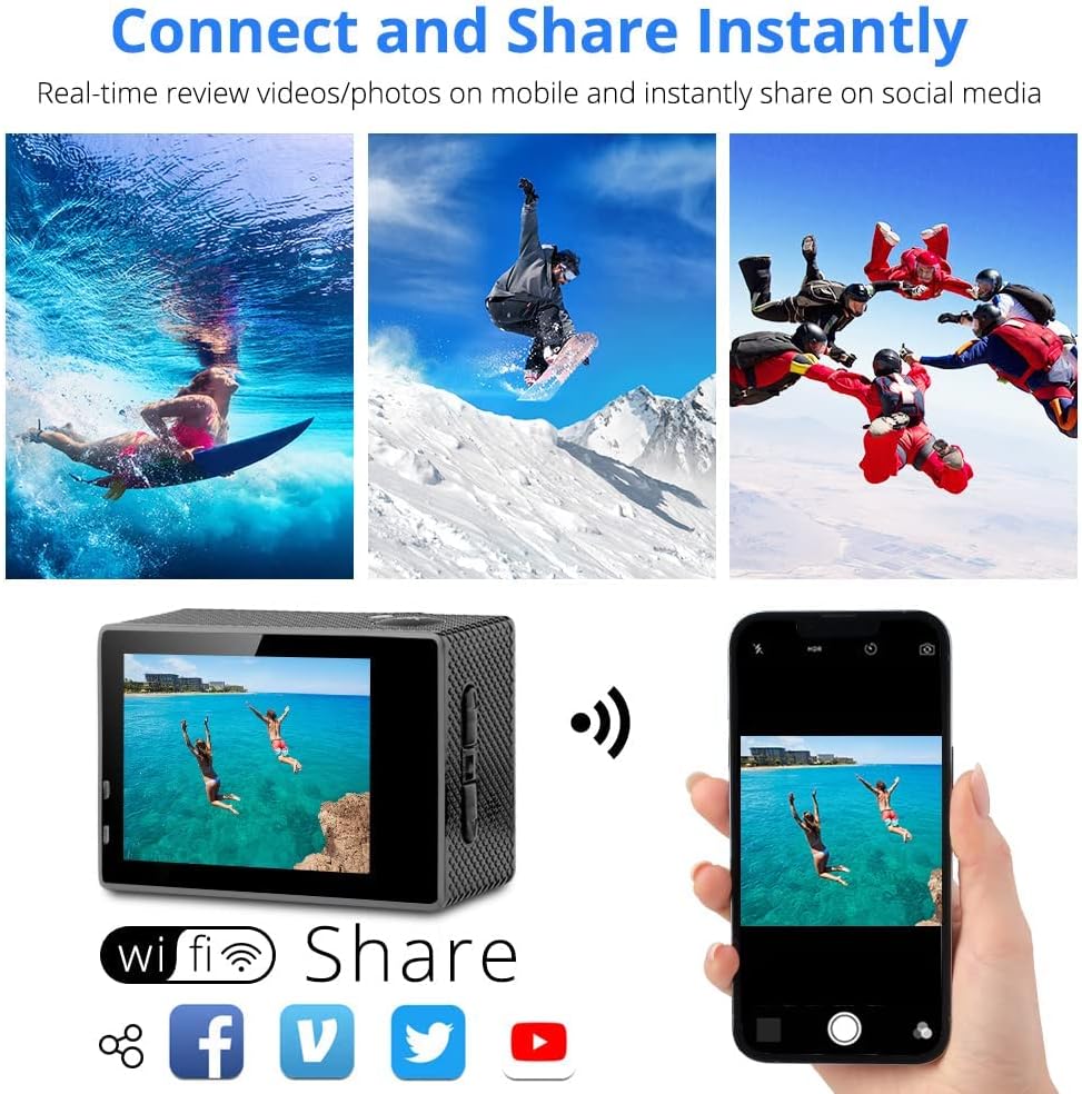 Dragon Touch 4K Action Camera 20MP Vision 3 Underwater Waterproof Camera 170° Wide Angle WiFi Sports Cam with Remote and Mounting Accessories Kit - Image 6